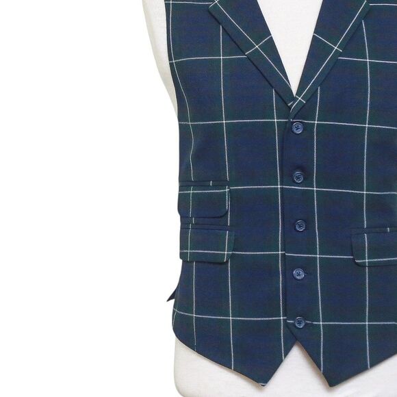 Mens Vest 44R Tartan Plaid Wool Blue Green White Lapel Waistcoat Formal Wedding - Picture 7 of 9